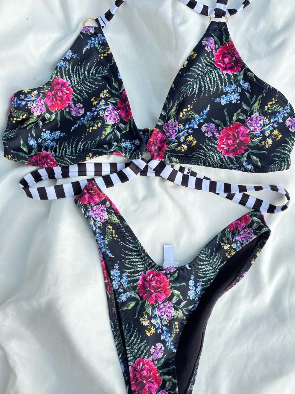 Yandy Black Floral Bikini Set  Black & White Striped accents
